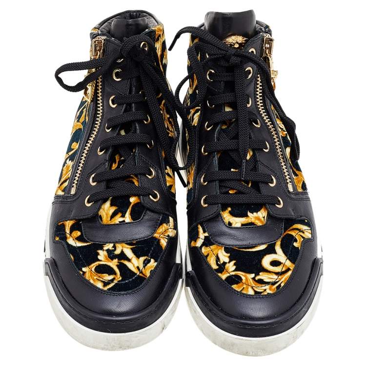 Pre Owned Versace Black/Gold Barocco Print Velvet And Leather Medusa High Top Sneakers Size 40.5