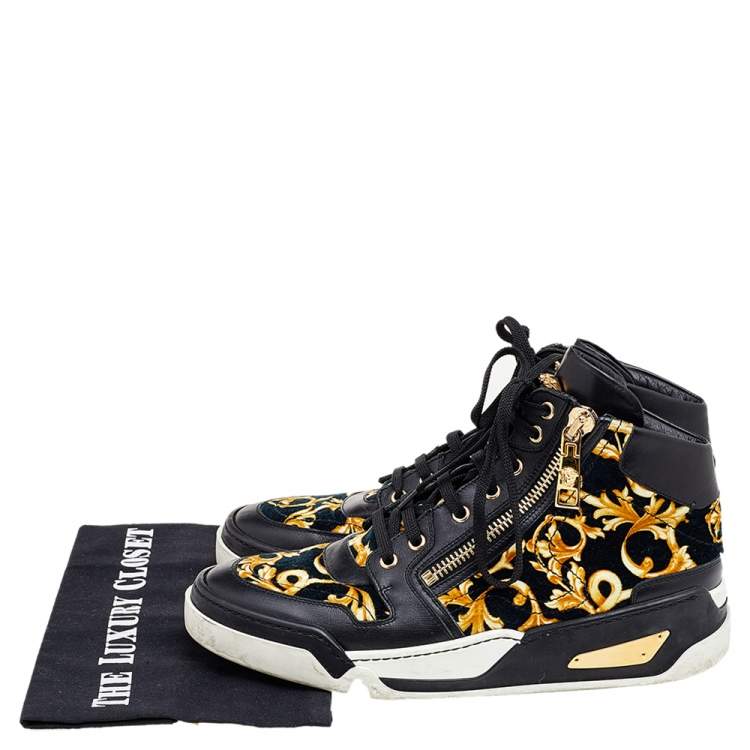 Pre Owned Versace Black/Gold Barocco Print Velvet And Leather Medusa High Top Sneakers Size 40.5