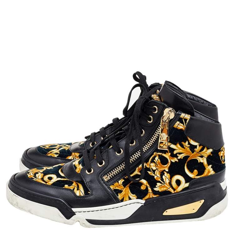 Pre Owned Versace Black/Gold Barocco Print Velvet And Leather Medusa High Top Sneakers Size 40.5