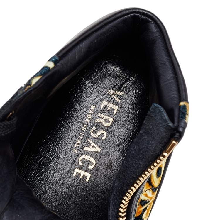 Pre Owned Versace Black/Gold Barocco Print Velvet And Leather Medusa High Top Sneakers Size 40.5