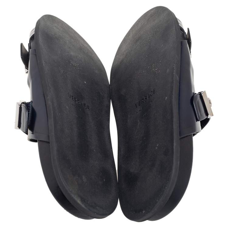 Pre Owned Versace Navy Blue Leather Double Buckle Strap Slide Sandals Size 44