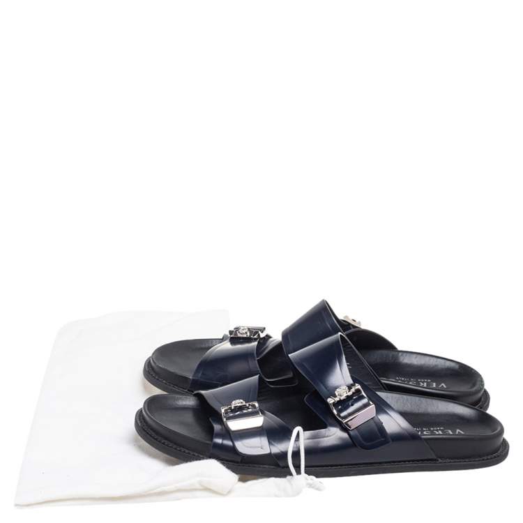 Pre Owned Versace Navy Blue Leather Double Buckle Strap Slide Sandals Size 44