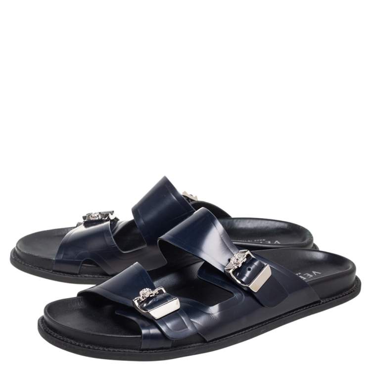 Pre Owned Versace Navy Blue Leather Double Buckle Strap Slide Sandals Size 44