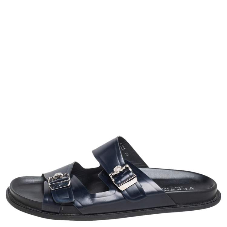 Pre Owned Versace Navy Blue Leather Double Buckle Strap Slide Sandals Size 44