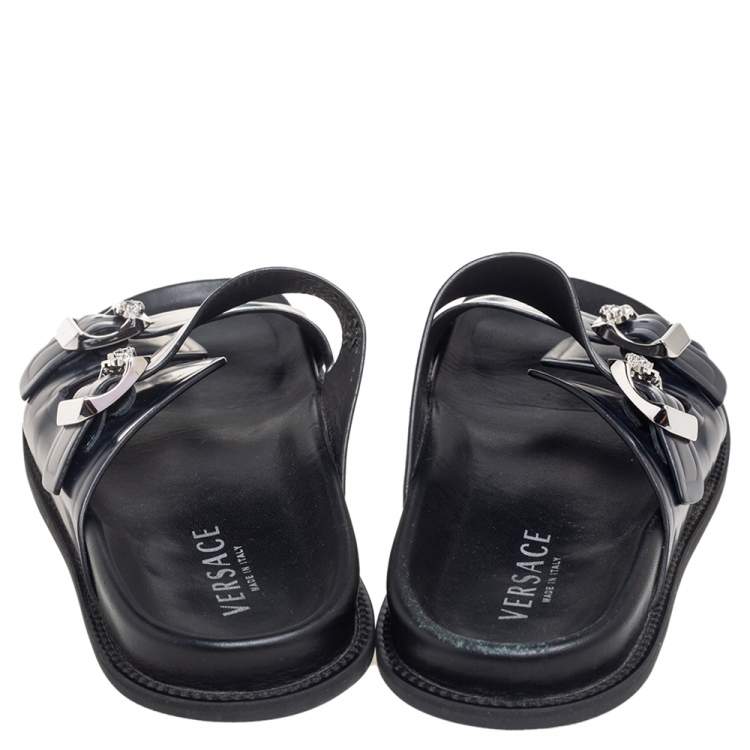 Pre Owned Versace Navy Blue Leather Double Buckle Strap Slide Sandals Size 44