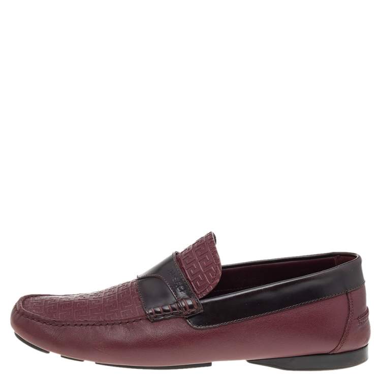 Pre Owned Versace Burgundy Monogram Embossed Leather Slip On Loafers Size 43