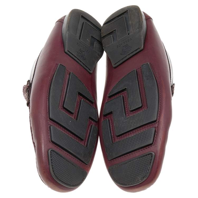 Pre Owned Versace Burgundy Monogram Embossed Leather Slip On Loafers Size 43