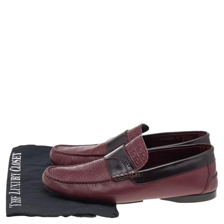 Pre Owned Versace Burgundy Monogram Embossed Leather Slip On Loafers Size 43