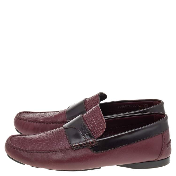 Pre Owned Versace Burgundy Monogram Embossed Leather Slip On Loafers Size 43