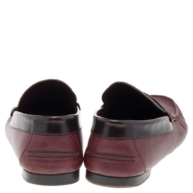 Pre Owned Versace Burgundy Monogram Embossed Leather Slip On Loafers Size 43
