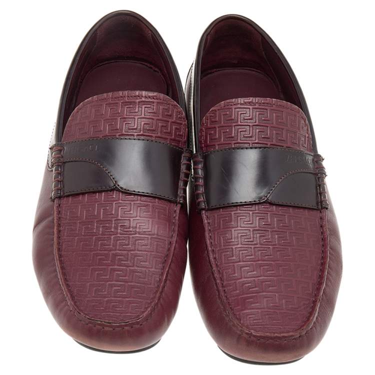 Pre Owned Versace Burgundy Monogram Embossed Leather Slip On Loafers Size 43