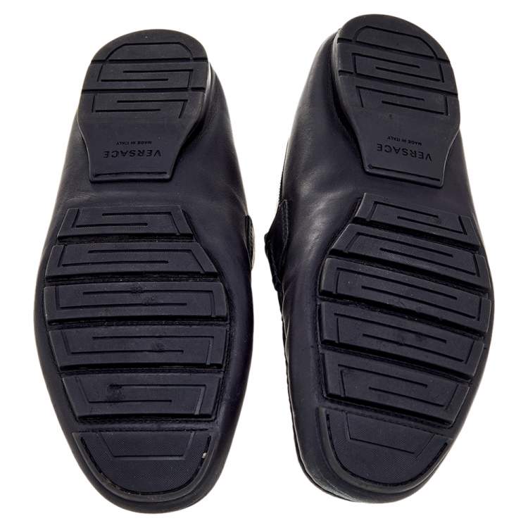 Pre Owned Versace Black Patent Leather And Signature Canvas Medusa Detail Slip On Loafers Size 44