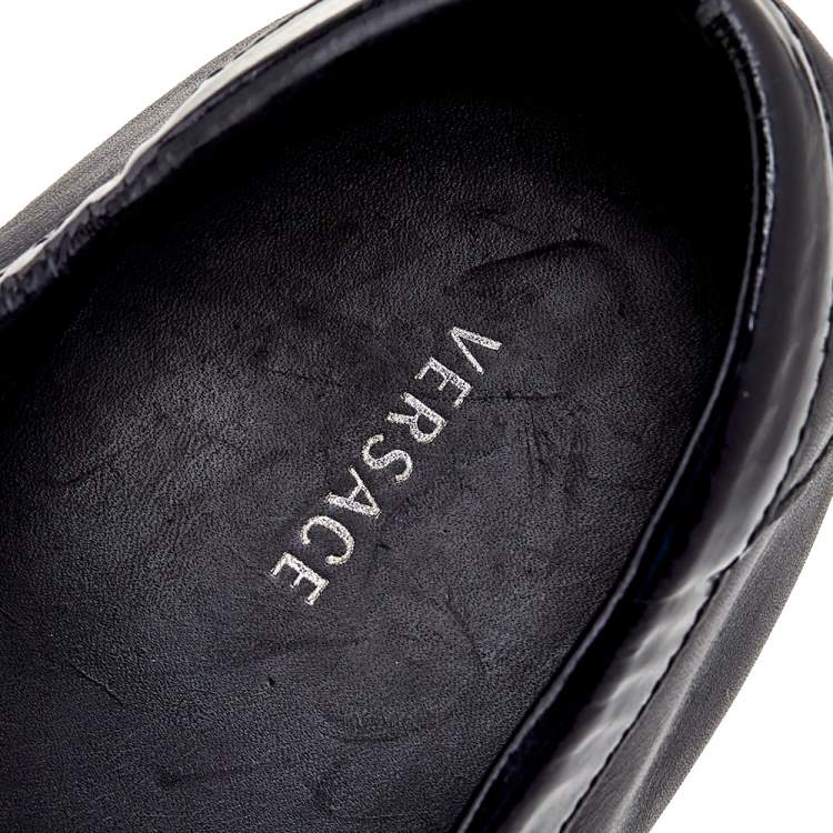 Pre Owned Versace Black Patent Leather And Signature Canvas Medusa Detail Slip On Loafers Size 44