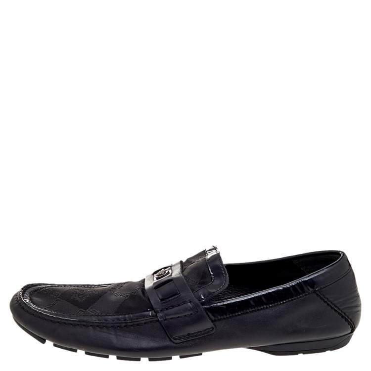 Pre Owned Versace Black Patent Leather And Signature Canvas Medusa Detail Slip On Loafers Size 44