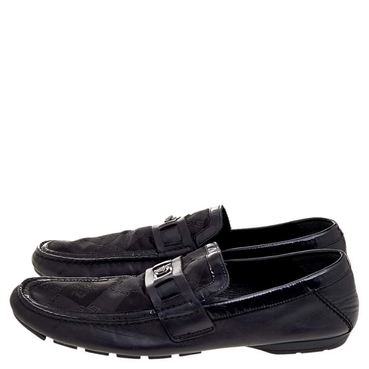 Pre Owned Versace Black Patent Leather And Signature Canvas Medusa Detail Slip On Loafers Size 44