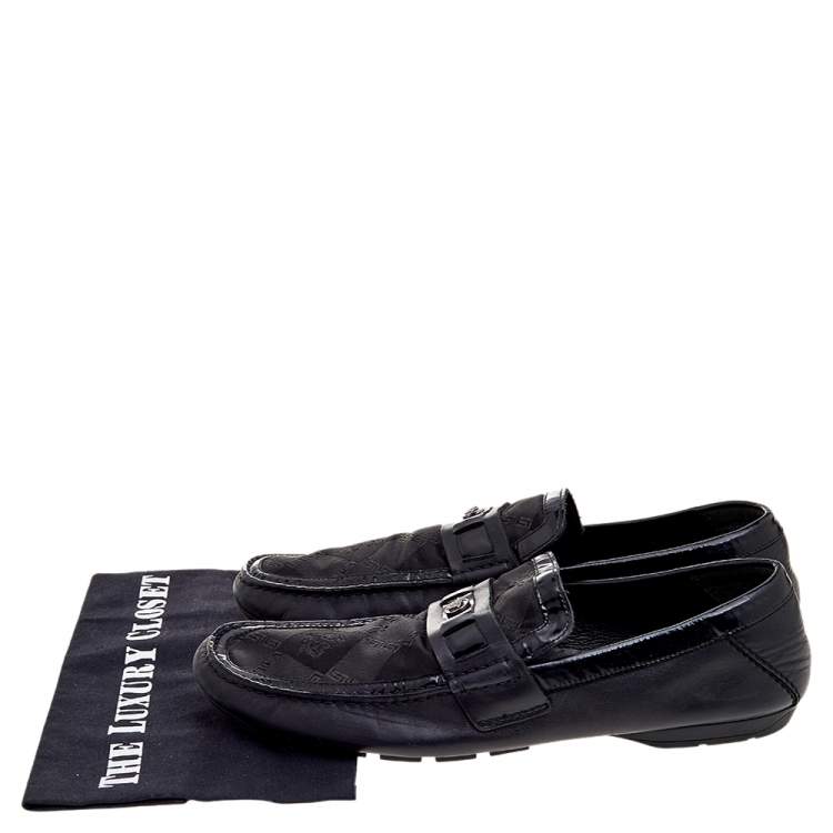 Pre Owned Versace Black Patent Leather And Signature Canvas Medusa Detail Slip On Loafers Size 44