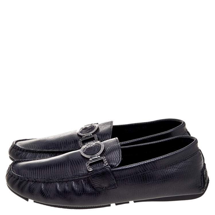 Pre Owned Versace Black Lizard Leather Medusa Detail Slip On Loafers Size 43
