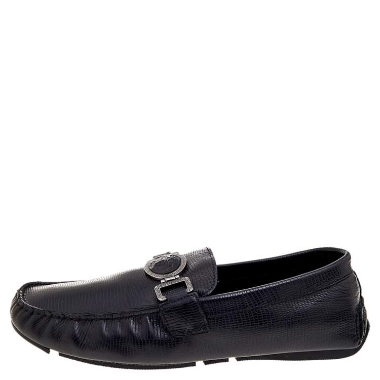 Pre Owned Versace Black Lizard Leather Medusa Detail Slip On Loafers Size 43