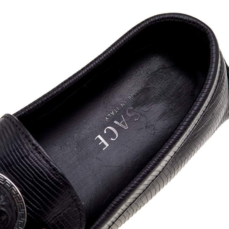 Pre Owned Versace Black Lizard Leather Medusa Detail Slip On Loafers Size 43