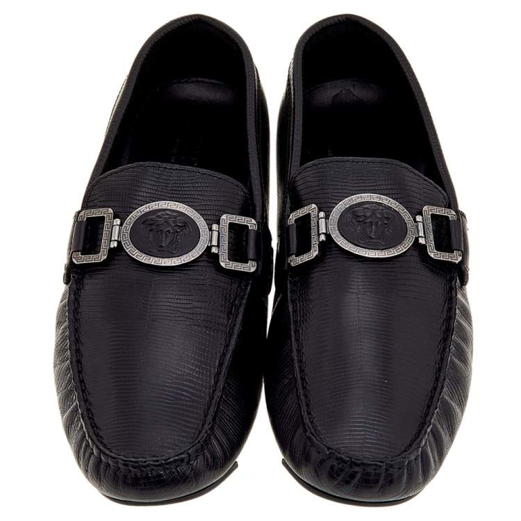 Pre Owned Versace Black Lizard Leather Medusa Detail Slip On Loafers Size 43