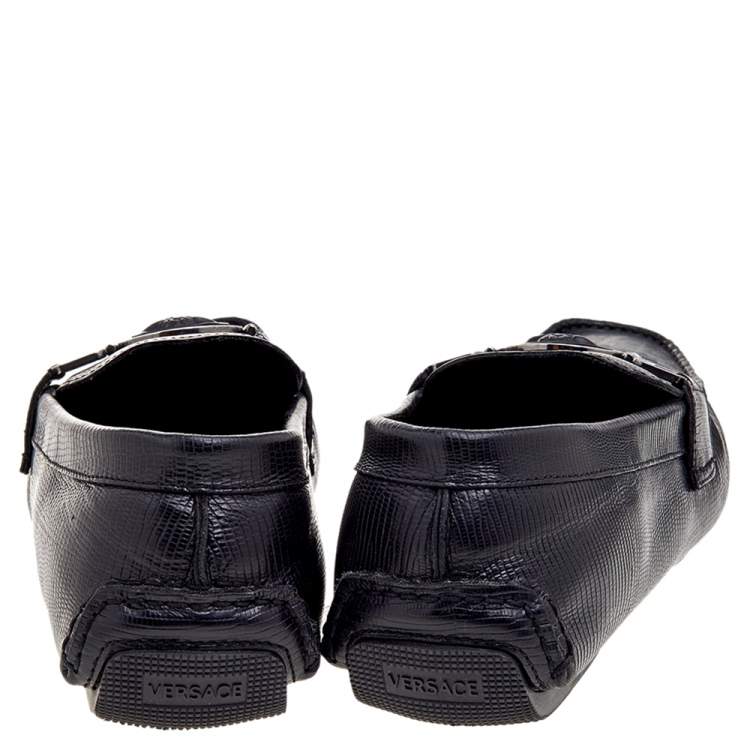 Pre Owned Versace Black Lizard Leather Medusa Detail Slip On Loafers Size 43
