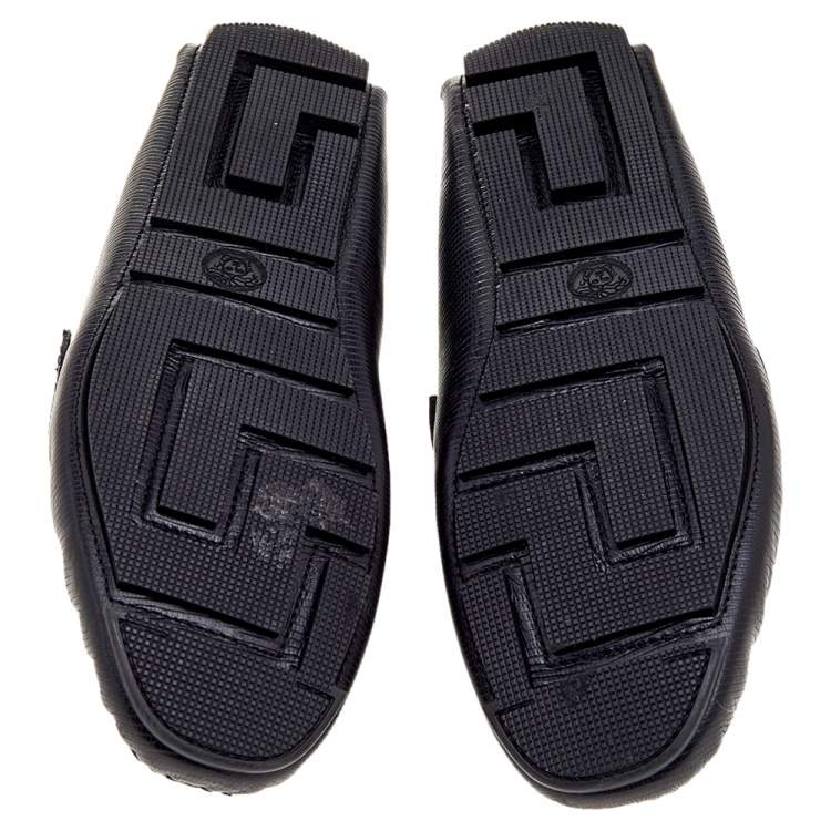 Pre Owned Versace Black Lizard Leather Medusa Detail Slip On Loafers Size 43