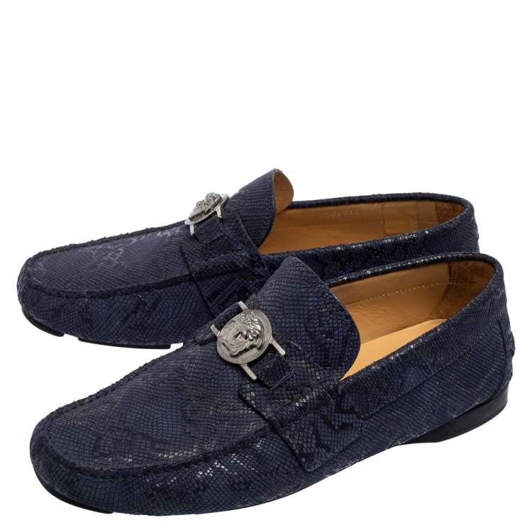 Pre Owned Versace Blue Nubuck Leather Medusa Slip On Loafers Size 40