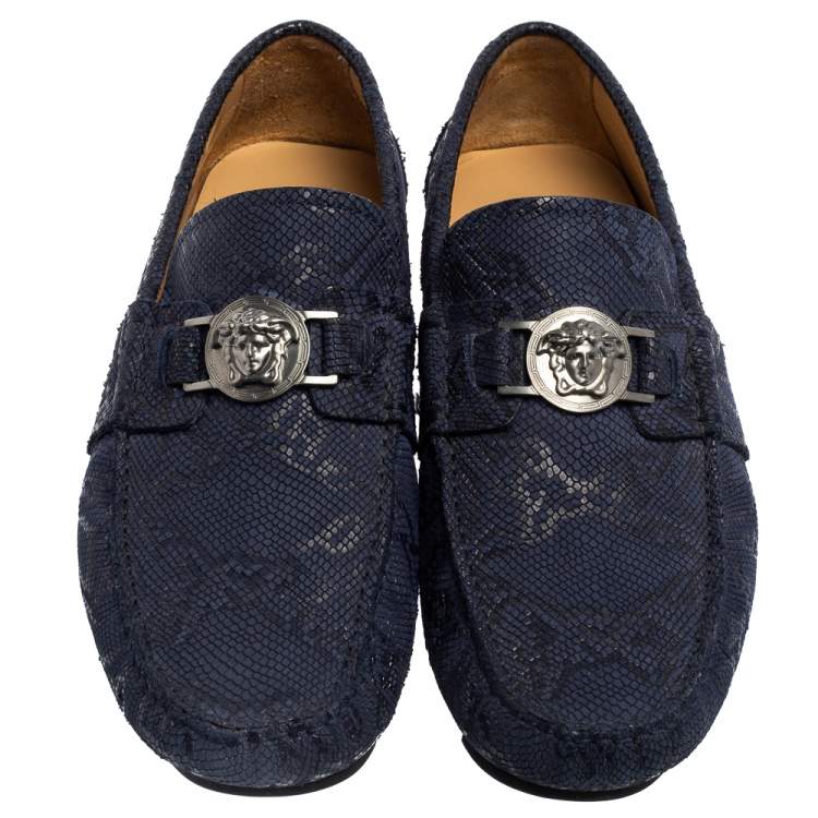 Pre Owned Versace Blue Nubuck Leather Medusa Slip On Loafers Size 40