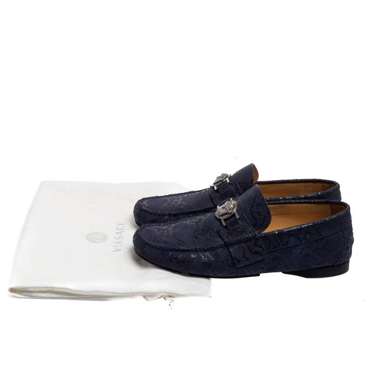 Pre Owned Versace Blue Nubuck Leather Medusa Slip On Loafers Size 40