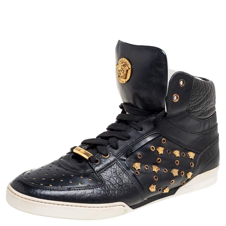 Versace Black Leather Medusa Lace High Top Sneakers Size 42.5