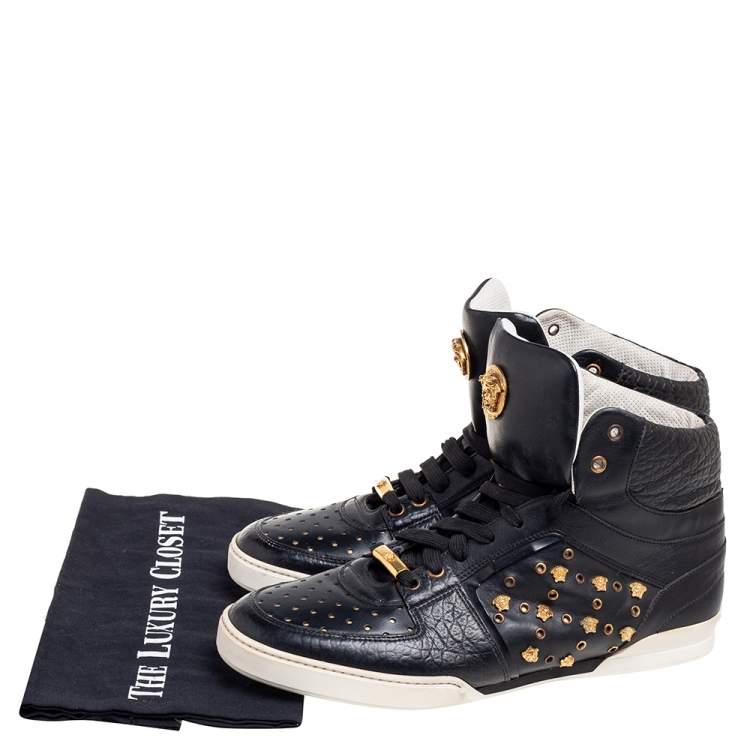 Pre Owned Versace Black Leather Medusa Lace High Top Sneakers Size 43