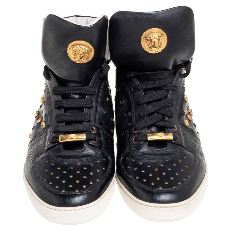 Pre Owned Versace Black Leather Medusa Lace High Top Sneakers Size 43