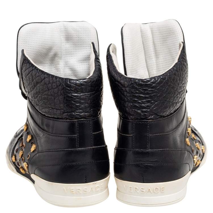Pre Owned Versace Black Leather Medusa Lace High Top Sneakers Size 43