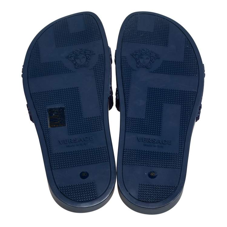 Pre Owned Versace Navy Blue Velvet Medusa Head Flat Slides Size 40