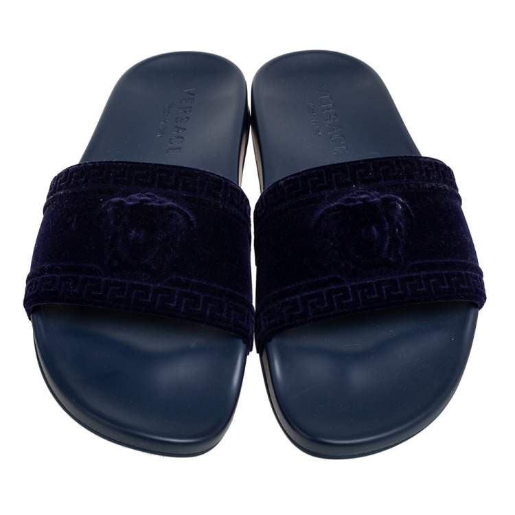 Pre Owned Versace Navy Blue Velvet Medusa Head Flat Slides Size 40