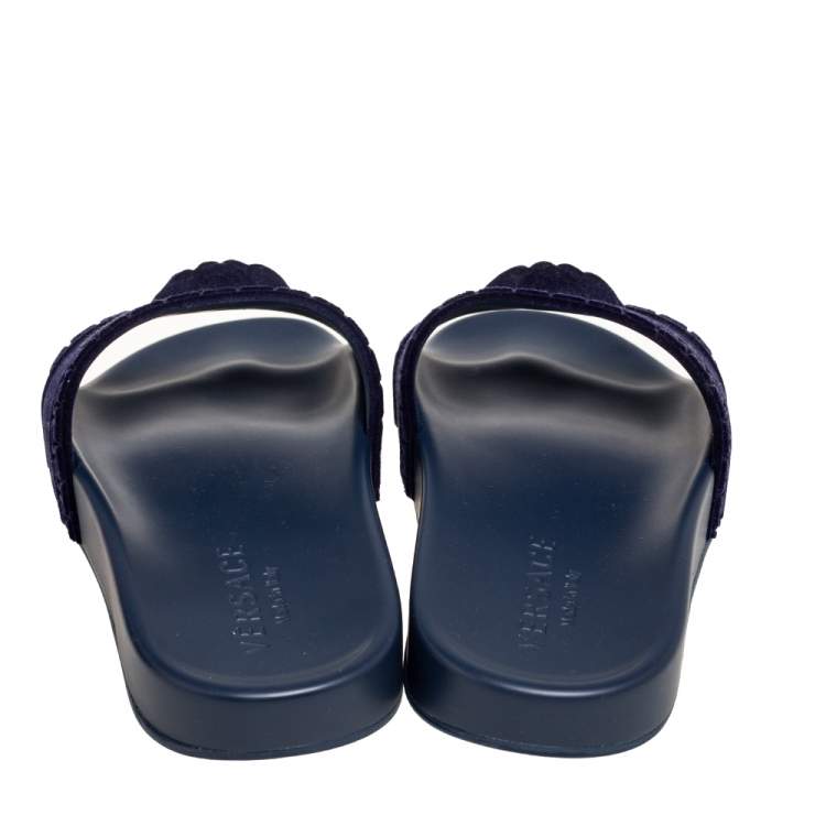 Pre Owned Versace Navy Blue Velvet Medusa Head Flat Slides Size 40