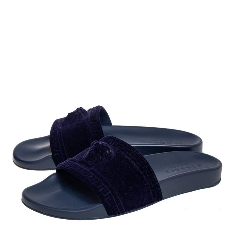 Pre Owned Versace Navy Blue Velvet Medusa Head Flat Slides Size 40