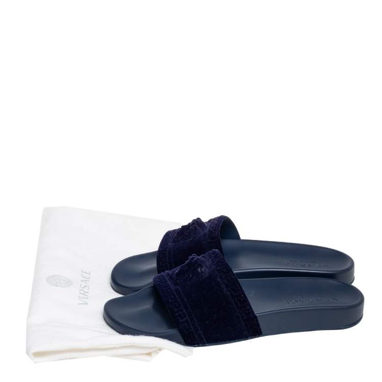 Pre Owned Versace Navy Blue Velvet Medusa Head Flat Slides Size 40