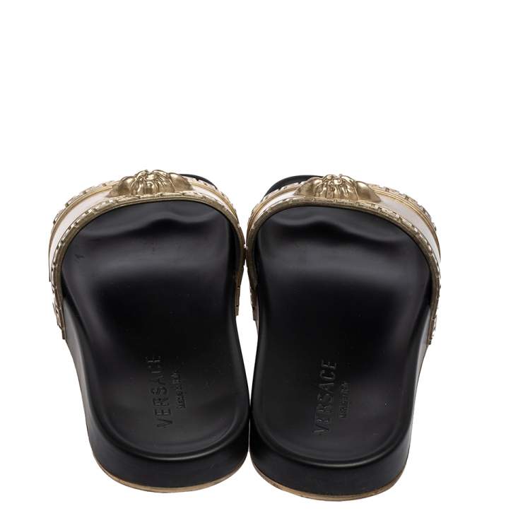 Pre Owned Versace Gold Rubber Medusa Flat Slides Size 41.5 