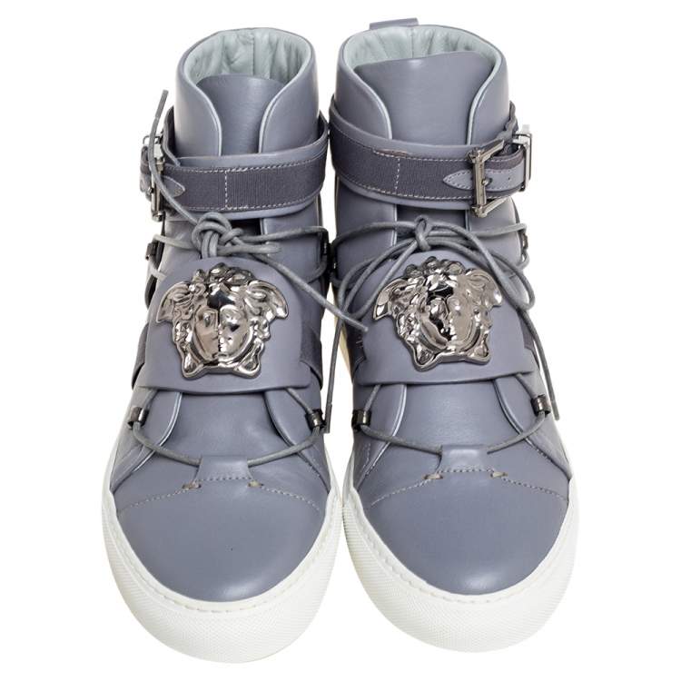 Pre Owned Versace Grey Leather Medusa Plaque Strap High-Top Sneakers Size 41