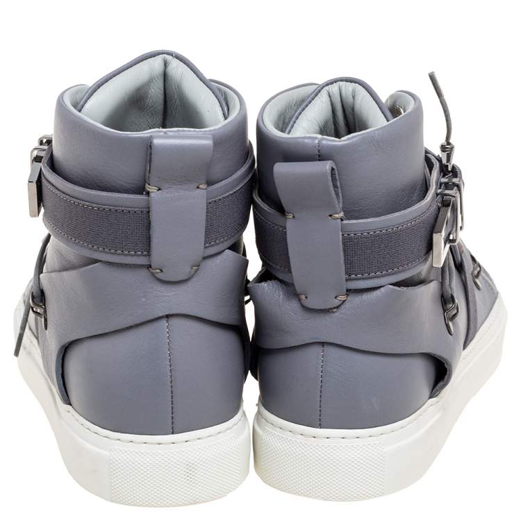 Pre Owned Versace Grey Leather Medusa Plaque Strap High-Top Sneakers Size 41