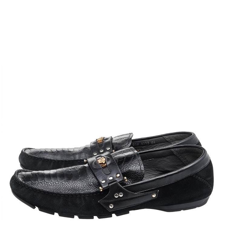 Pre Owned Versace Black Suede And Crocodile Leather Medusa Slip On Loafers Size 44