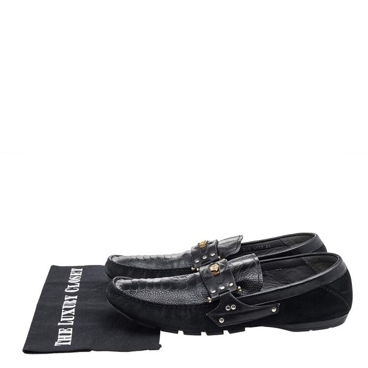 Pre Owned Versace Black Suede And Crocodile Leather Medusa Slip On Loafers Size 44