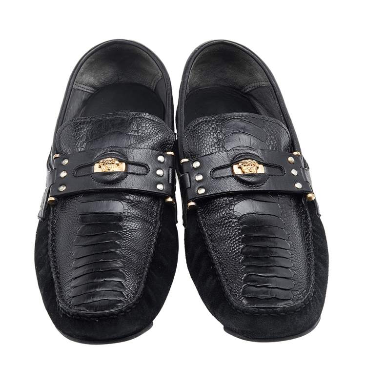 Pre Owned Versace Black Suede And Crocodile Leather Medusa Slip On Loafers Size 44