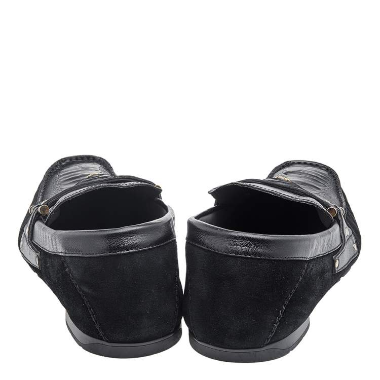 Pre Owned Versace Black Suede And Crocodile Leather Medusa Slip On Loafers Size 44