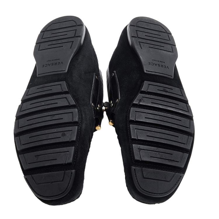 Pre Owned Versace Black Suede And Crocodile Leather Medusa Slip On Loafers Size 44