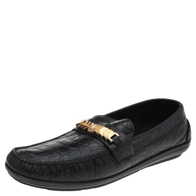 Pre Owned Versace Black Croc Embossed Leather Medusa Slip on Loafers Size 46