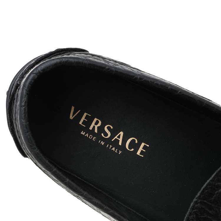 Pre Owned Versace Black Croc Embossed Leather Medusa Slip on Loafers Size 46