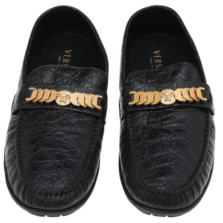 Pre Owned Versace Black Croc Embossed Leather Medusa Slip on Loafers Size 46