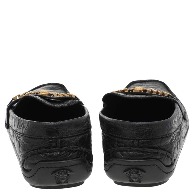 Pre Owned Versace Black Croc Embossed Leather Medusa Slip on Loafers Size 46